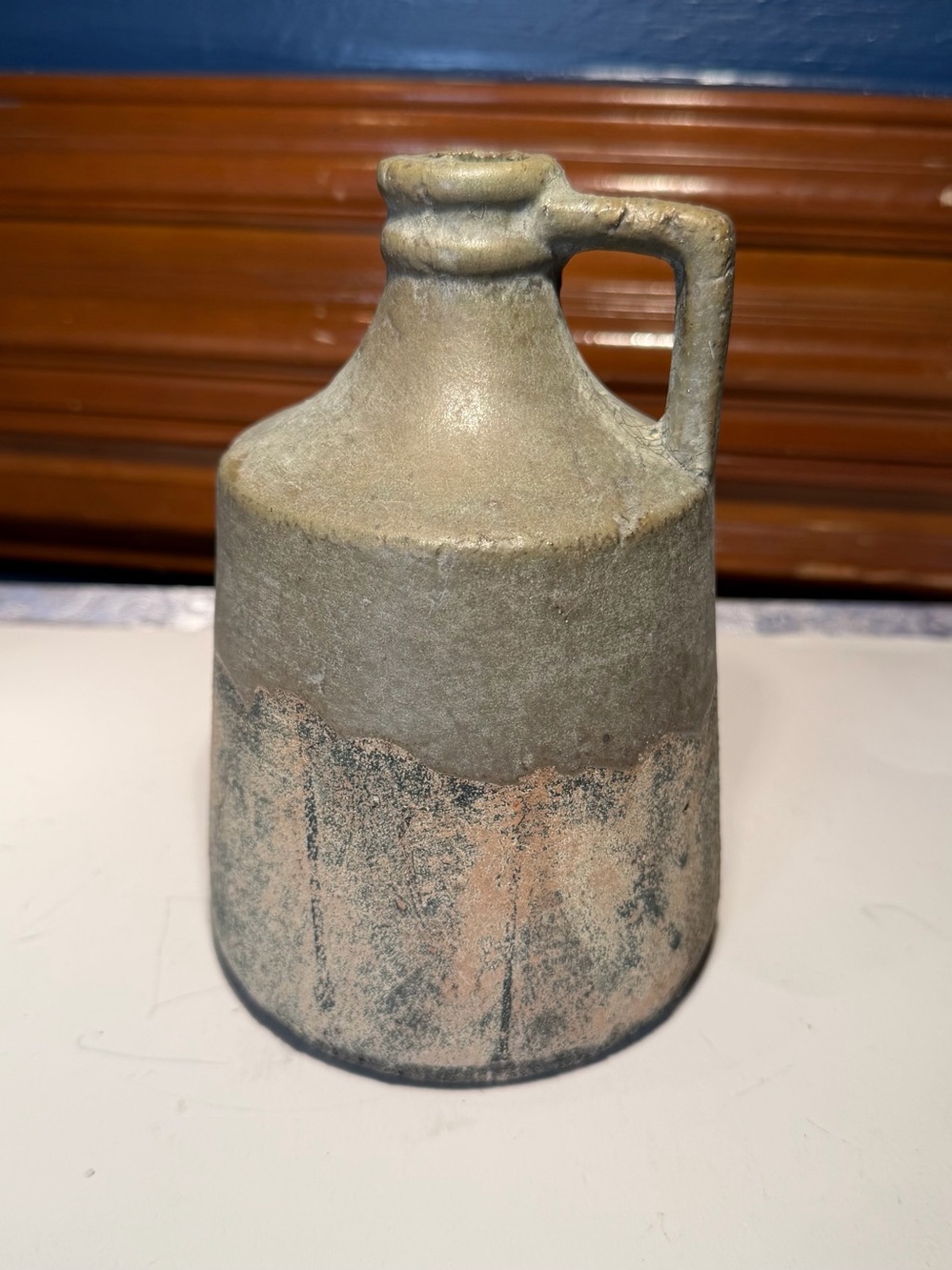 Vintage Two-tone Gray Pottery Jug Vase with A Side Handle Textured Finish